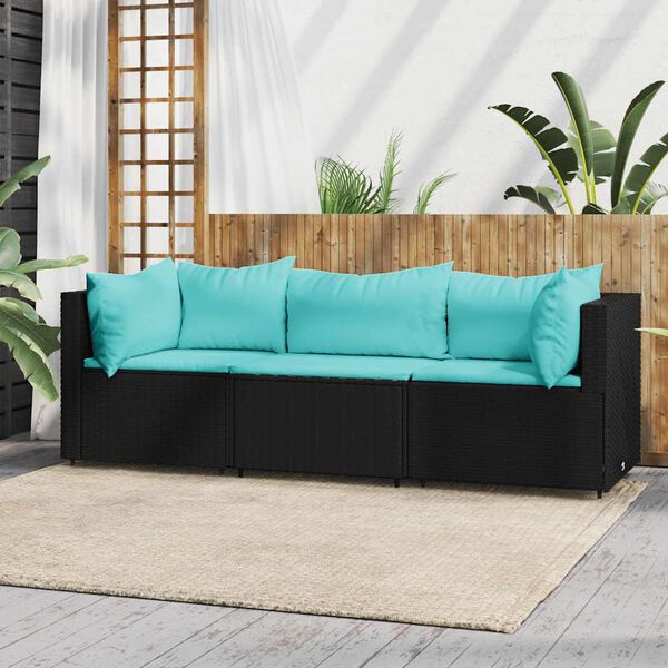 vidaXL 3 Piece Garden Lounge Set with Cushions Black Poly Rattan