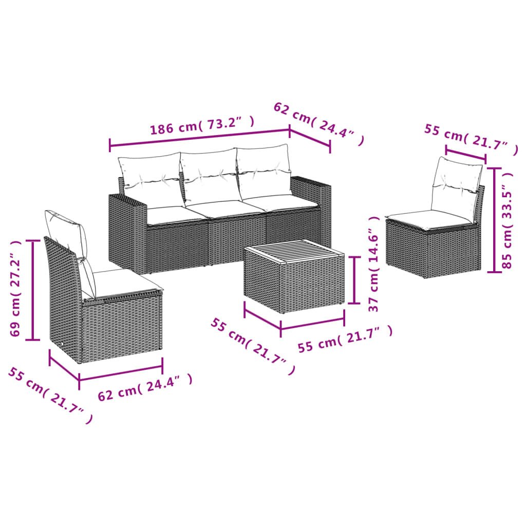 vidaXL 6 Piece Garden Sofa Set with Cushions Grey Poly Rattan