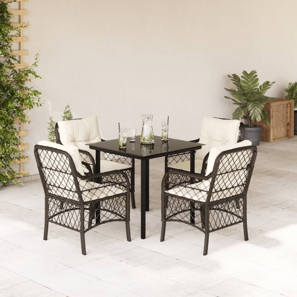 vidaXL 5 Piece Garden Dining Set with Cushions Brown Poly Rattan