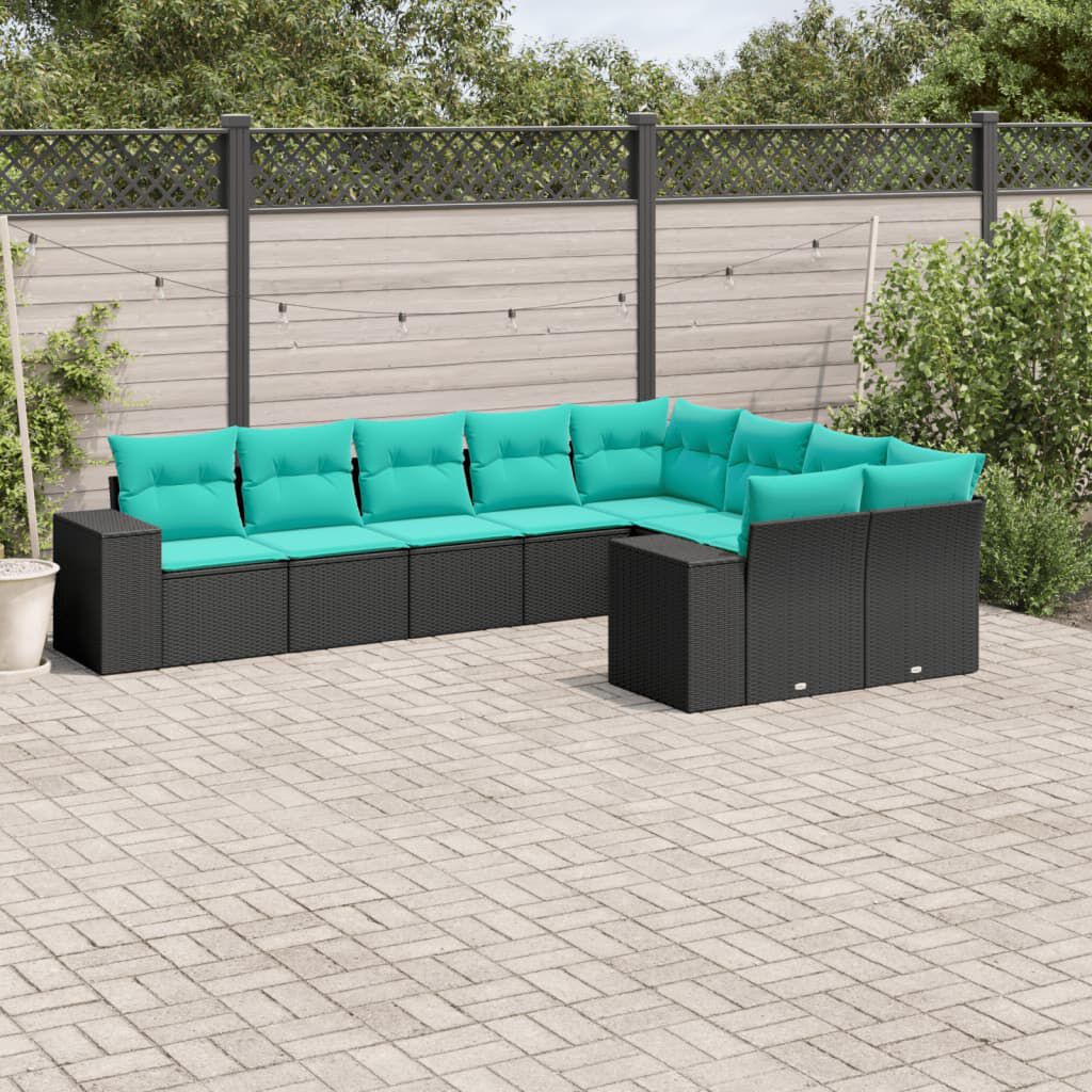 vidaXL 9 Piece Garden Sofa Set with Cushions Black Poly Rattan