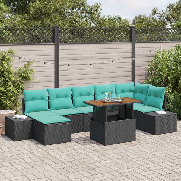 vidaXL 8 Piece Garden Sofa Set with Cushions Black Poly Rattan Acacia