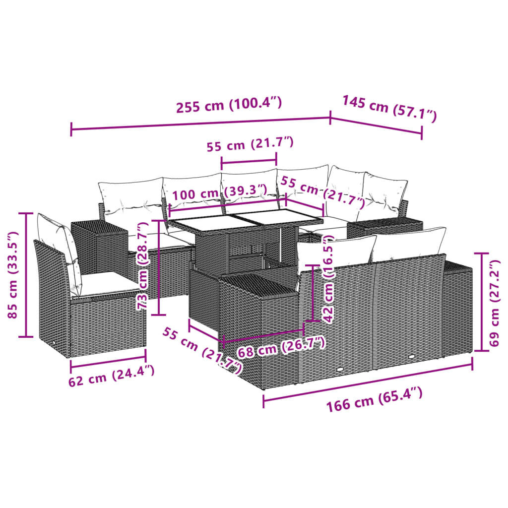 vidaXL 9 Piece Garden Sofa Set with Cushions Grey Poly Rattan