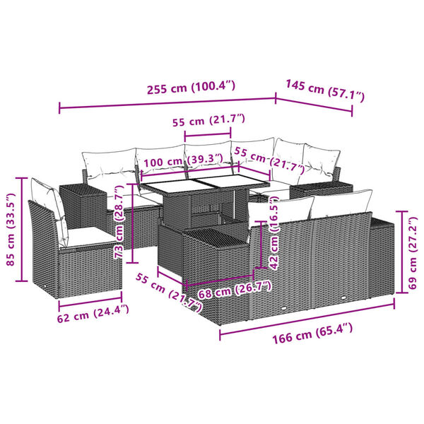 vidaXL 9 Piece Garden Sofa Set with Cushions Grey Poly Rattan