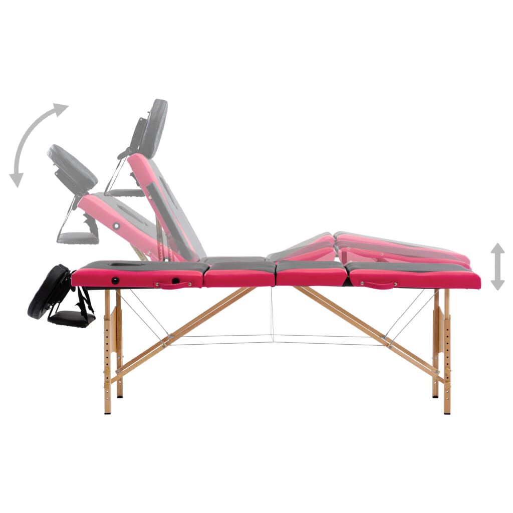 vidaXL Foldable Massage Table 4 Zones Wood Black and Pink