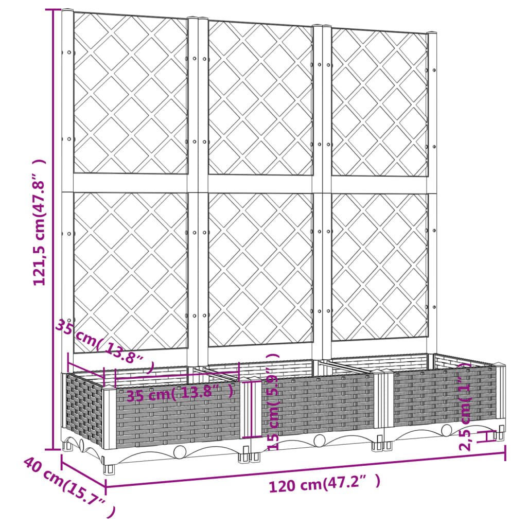 vidaXL Garden Planter with Trellis Light Grey 120x40x121.5 cm PP
