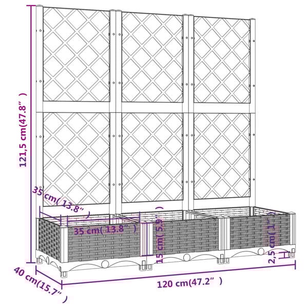 vidaXL Garden Planter with Trellis Light Grey 120x40x121.5 cm PP