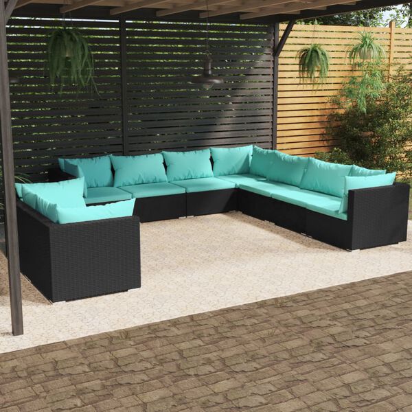 vidaXL 9 Piece Garden Lounge Set with Cushions Black Poly Rattan