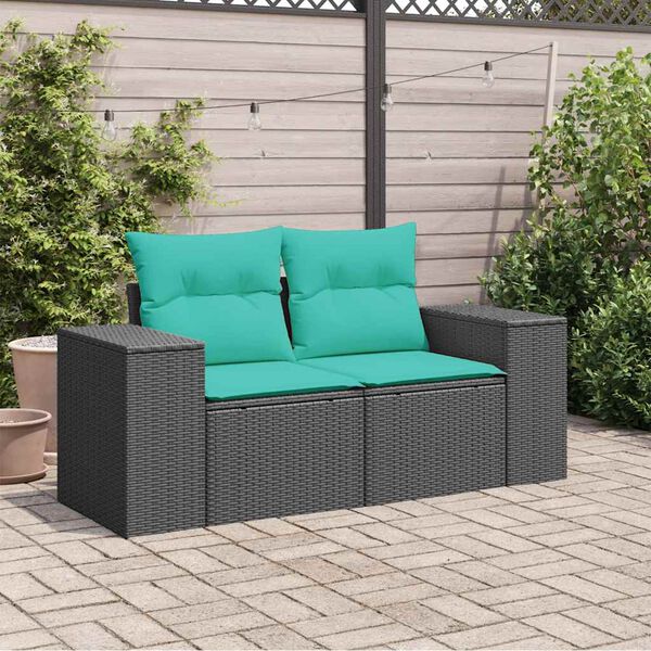vidaXL Garden Sofa with Cushions 2-Seater Black Poly Rattan