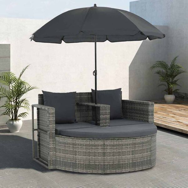 vidaXL 2 Seater Garden Sofa with Cushions and Parasol Grey Poly Rattan