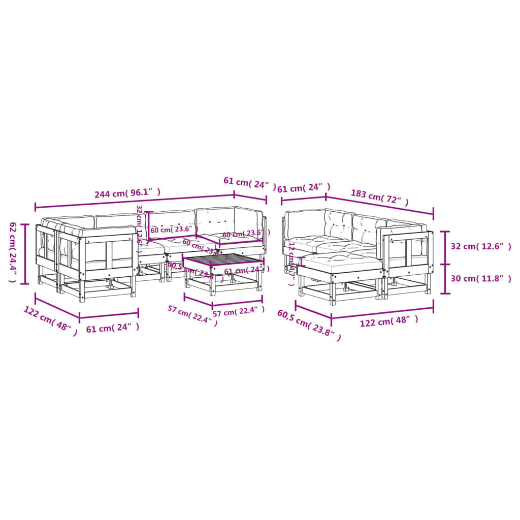 vidaXL 10 Piece Garden Lounge Set with Cushions White Solid Wood