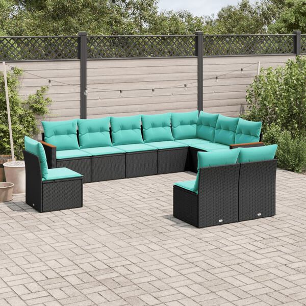 vidaXL 10 Piece Garden Sofa Set with Cushions Black Poly Rattan