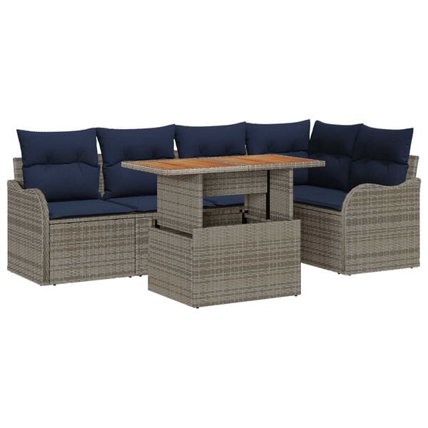 vidaXL 6 Piece Garden Sofa Set with Cushions Grey Poly Rattan Acacia
