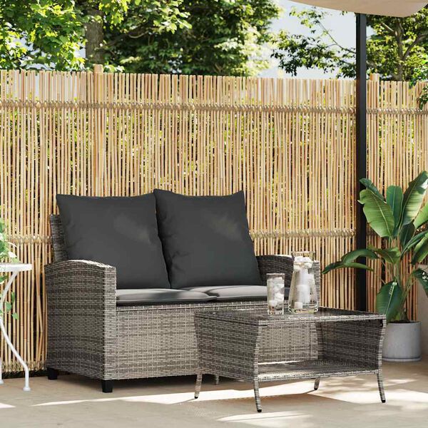 vidaXL Garden Sofa 2-Seater with Cushions&Table Grey Poly Rattan