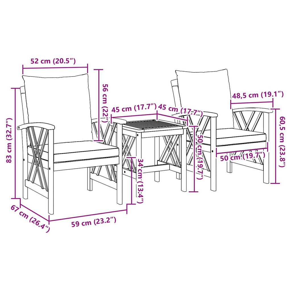 vidaXL 3 Piece Garden Lounge Set with Cushions Solid Acacia Wood