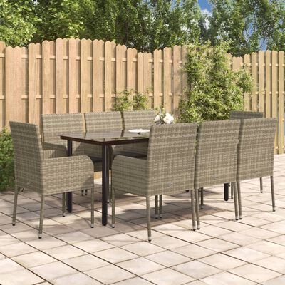 vidaXL 9 Piece Garden Dining Set with Cushions Black and Grey Poly Rattan