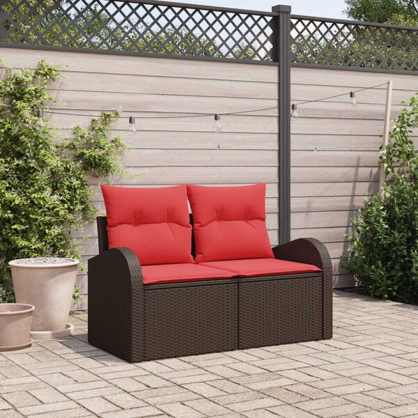 vidaXL 2-Seater Garden Sofa with Cushions Brown Poly Rattan