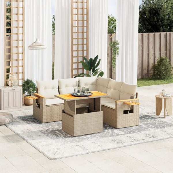 vidaXL 6 Piece Garden Sofa Set with Cushions Beige Poly Rattan
