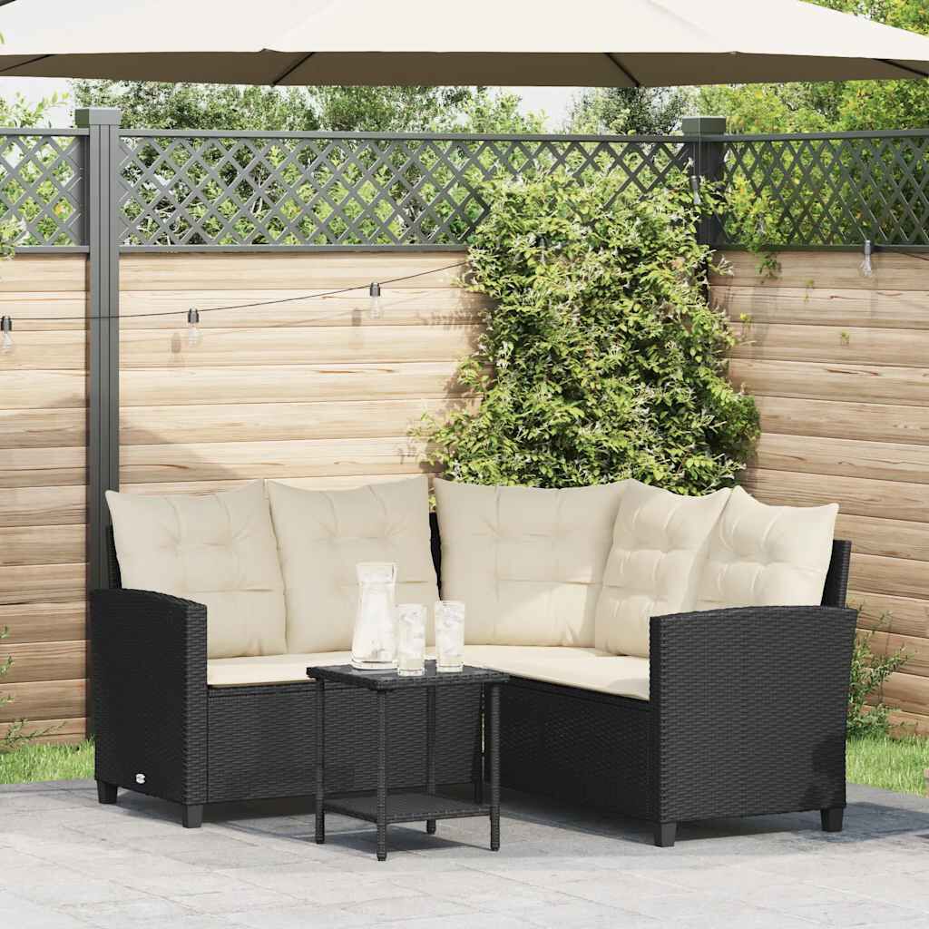 vidaXL Garden Sofa with Table&Cushions L-shaped Black Poly Rattan