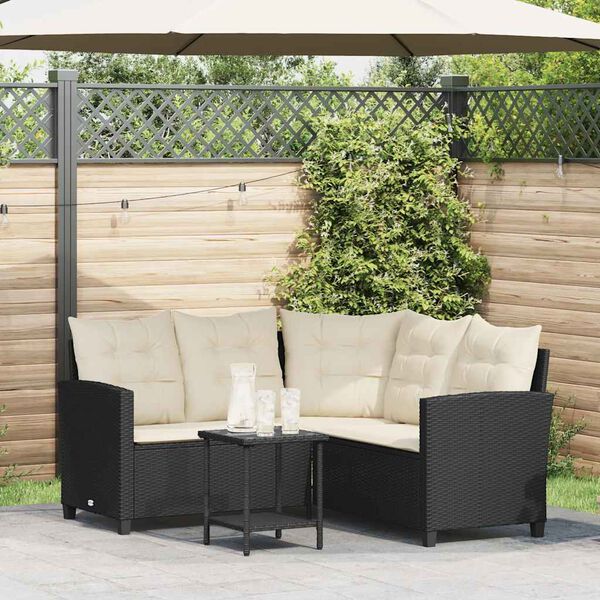 vidaXL Garden Sofa with Table&Cushions L-shaped Black Poly Rattan