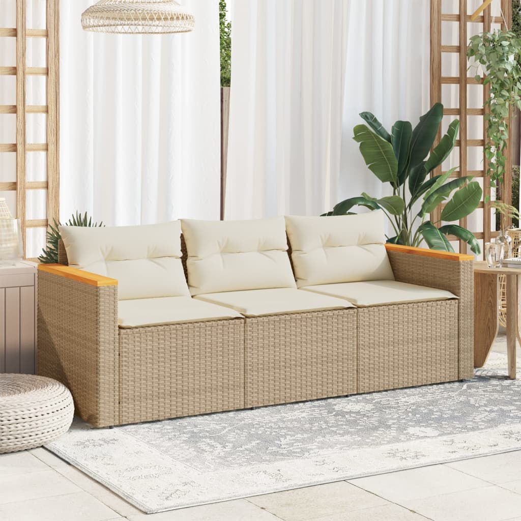 vidaXL Garden Sofa with Cushions 3-Seater Beige Poly Rattan