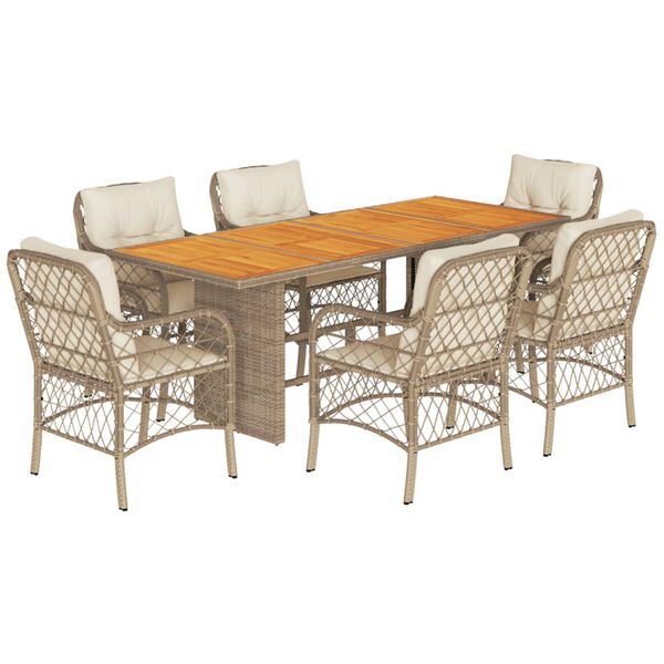 vidaXL 7 Piece Garden Dining Set with Cushions Beige Poly Rattan