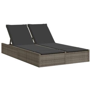 vidaXL Double Sun Lounger with Cushions Grey Poly Rattan