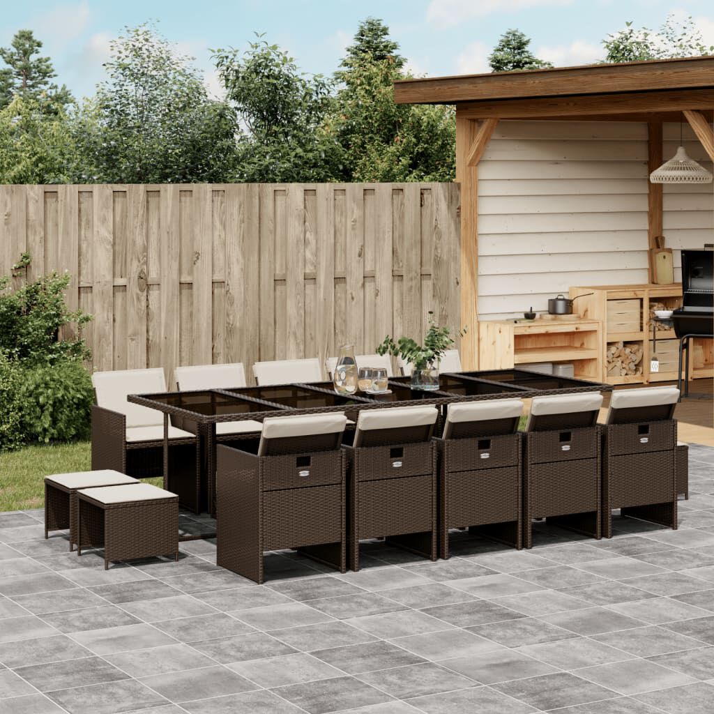vidaXL 15 Piece Garden Dining Set with Cushions Brown Poly Rattan