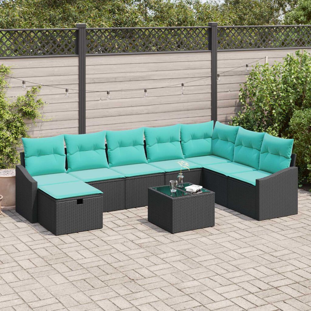 vidaXL 9 Piece Garden Sofa Set with Cushions Black Poly Rattan