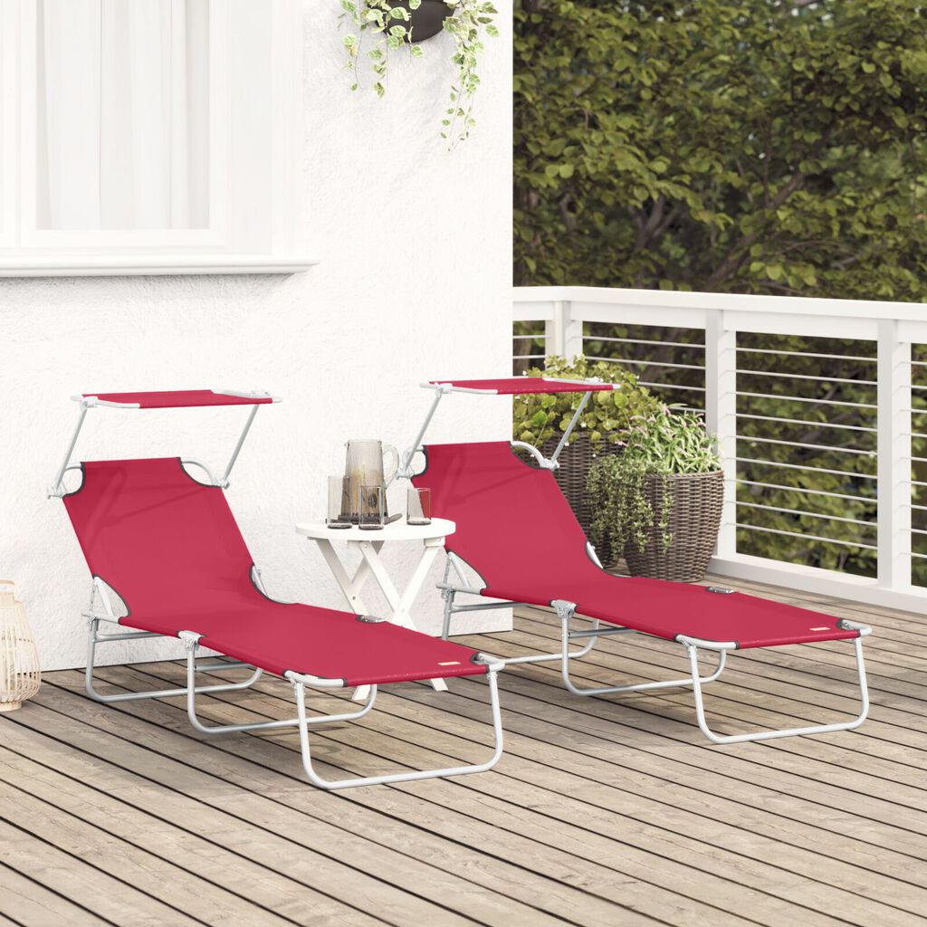 vidaXL Folding Sun Lounger with Canopy Steel and Fabric Red