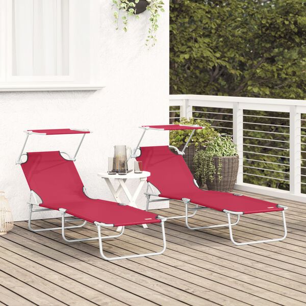 vidaXL Folding Sun Lounger with Canopy Steel and Fabric Red
