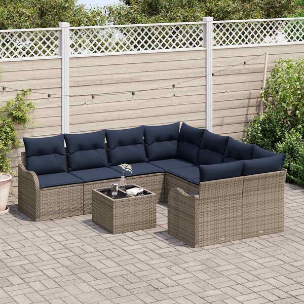 vidaXL Garden Sofa Set with Cushion Manual 9 pcs Grey Poly Rattan