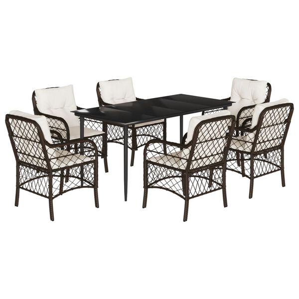 vidaXL 7 Piece Garden Dining Set with Cushions Brown Poly Rattan
