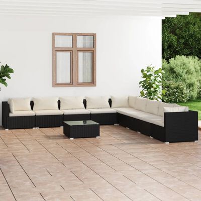 vidaXL 10 Piece Garden Lounge Set with Cushions Poly Rattan Black