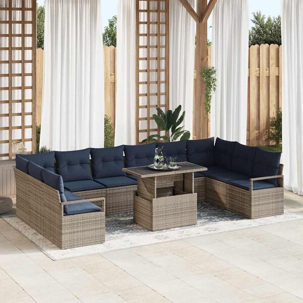 vidaXL Garden Sofa Set 11 pcs Grey and Navy Blue Poly Rattan