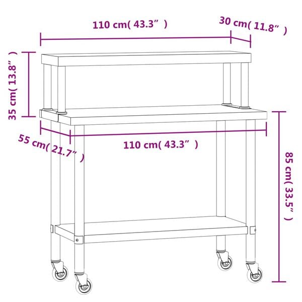vidaXL Kitchen Work Table with Overshelf 110x55x120 cm Stainless Steel