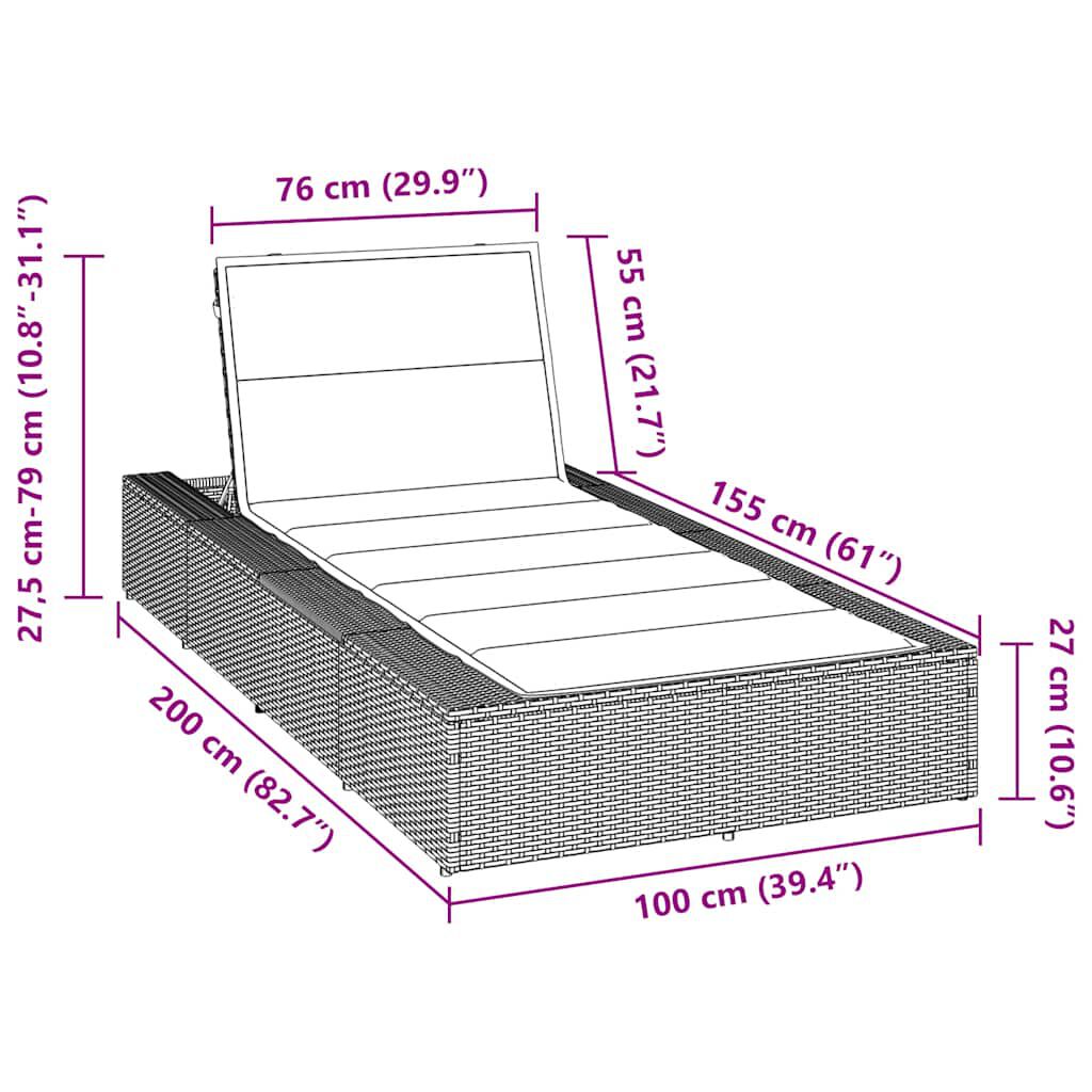 vidaXL Sunbed with Floating Cushion Grey Poly Rattan