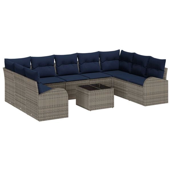 vidaXL 10 Piece Garden Sofa Set with Cushions Grey Poly Rattan