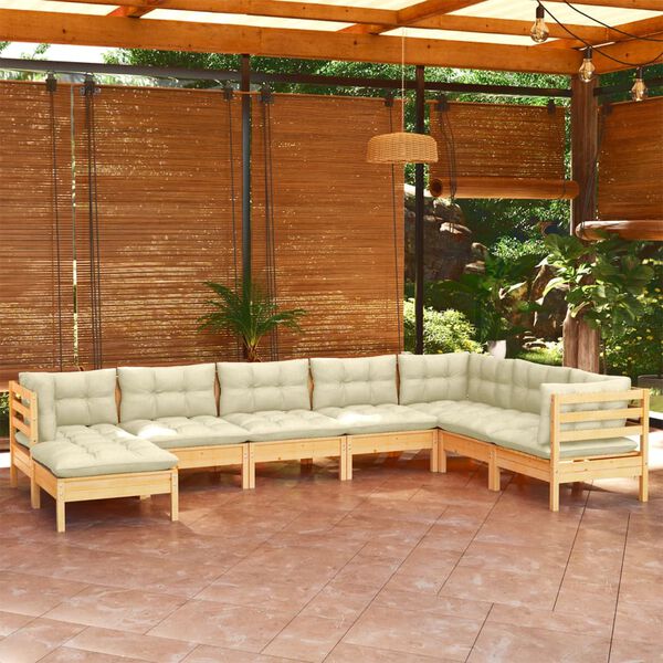 vidaXL 8 Piece Garden Lounge Set with Cream Cushions Solid Pinewood
