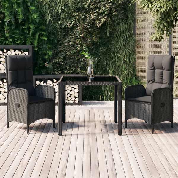 vidaXL 3 Piece Garden Dining Set with Cushions Black Poly Rattan