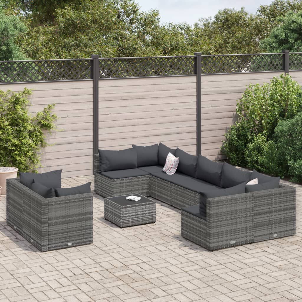 vidaXL 9 Piece Garden Sofa Set with Cushions Grey Poly Rattan