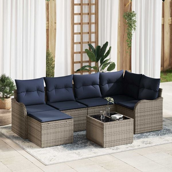 vidaXL 7 Piece Garden Sofa Set with Cushions Grey Poly Rattan