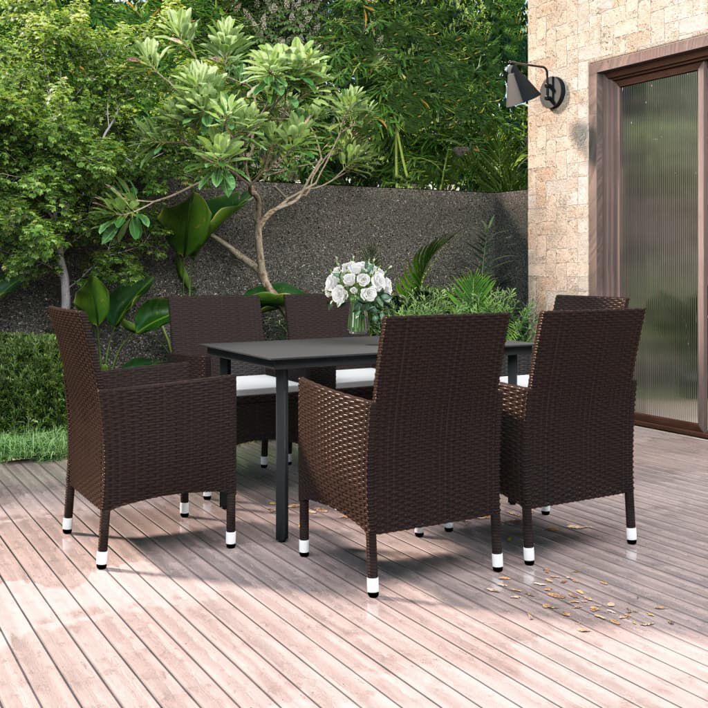 vidaXL 7 Piece Garden Dining Set with Cushions Poly Rattan and Glass