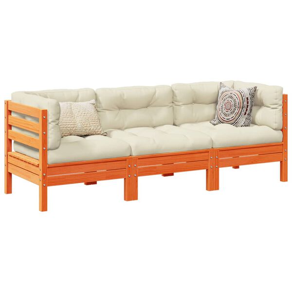 vidaXL 3 Piece Garden Sofa Set with Cushions Wax Brown Solid Wood Pine