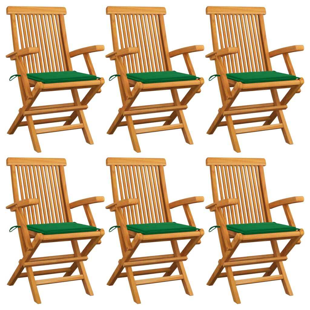 vidaXL Garden Chairs with Green Cushions 6 pcs Solid Teak Wood