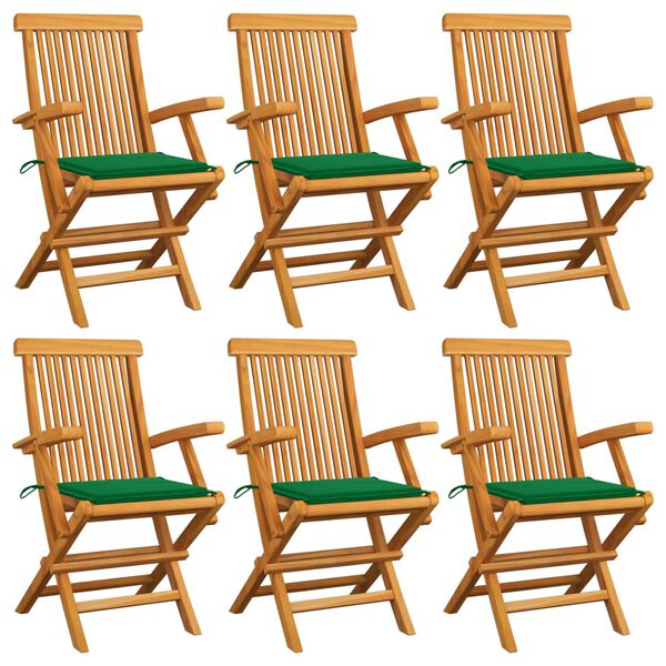 vidaXL Garden Chairs with Green Cushions 6 pcs Solid Teak Wood