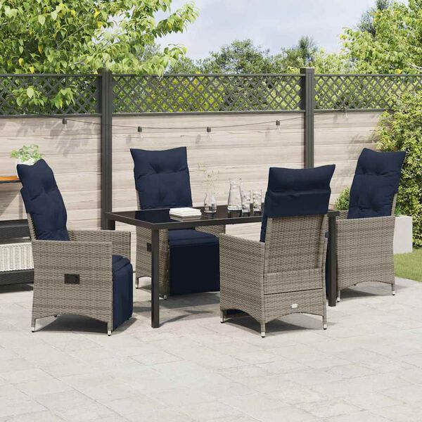 vidaXL Table and Chair Set with Cushion 5 pcs Grey PE Rattan