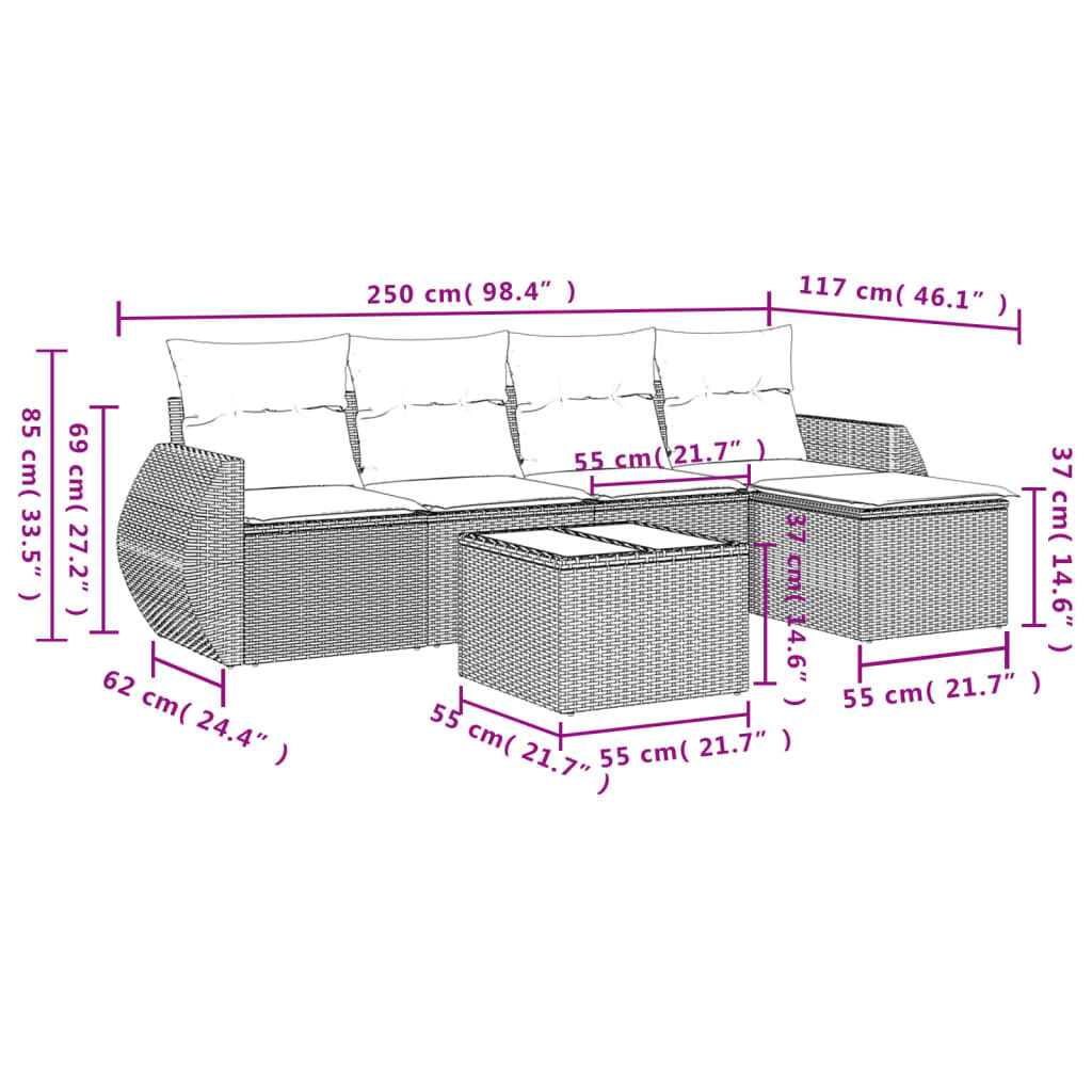 vidaXL 6 Piece Garden Sofa Set with Cushions Grey Poly Rattan