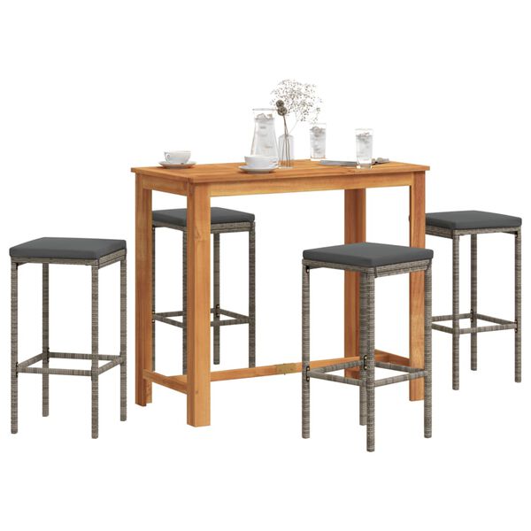 vidaXL 5 Piece Garden Bar Set Grey Solid Wood Acacia and Poly Rattan