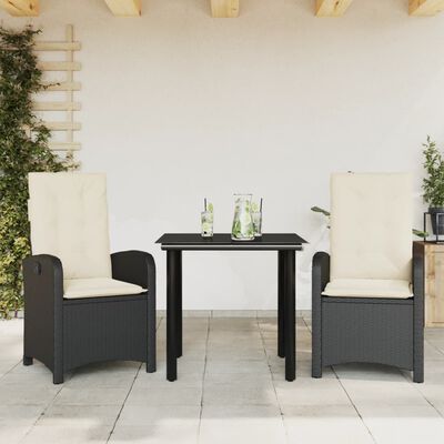 vidaXL 3 Piece Garden Dining Set with Cushions Black Poly Rattan