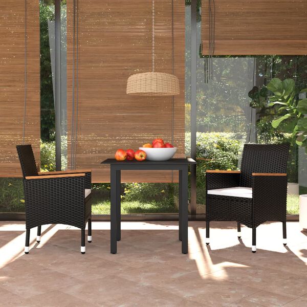 vidaXL 3 Piece Garden Dining Set with Cushions Poly Rattan Black